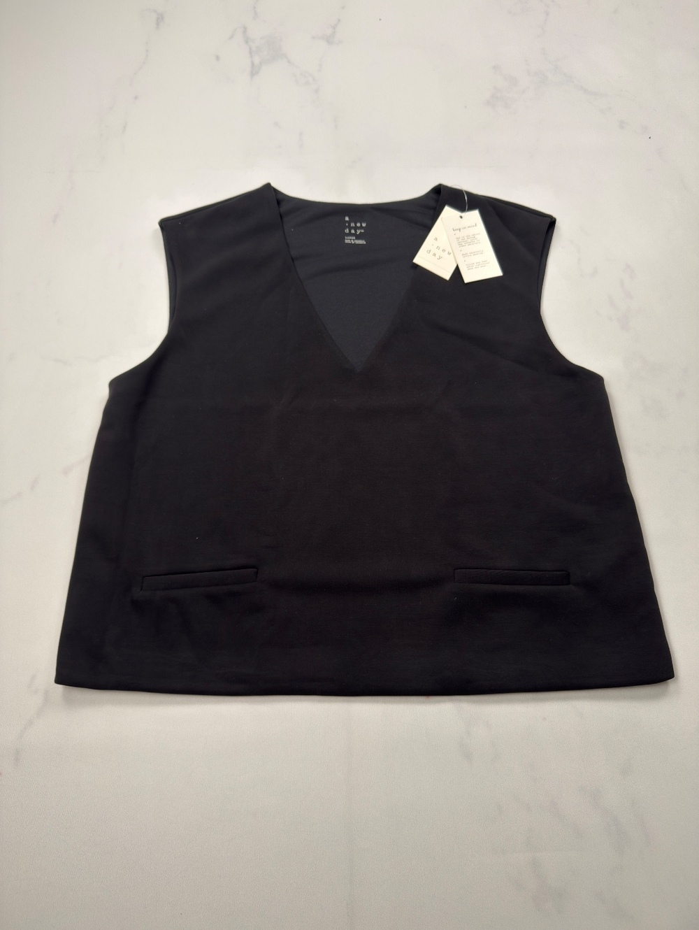 A New Day Sleeveless Top Black V Neck Minimalist Chic - Womens L NWT